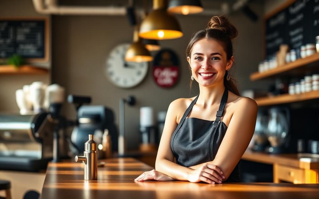 Barista smiling at a small specialty coffee shop counter